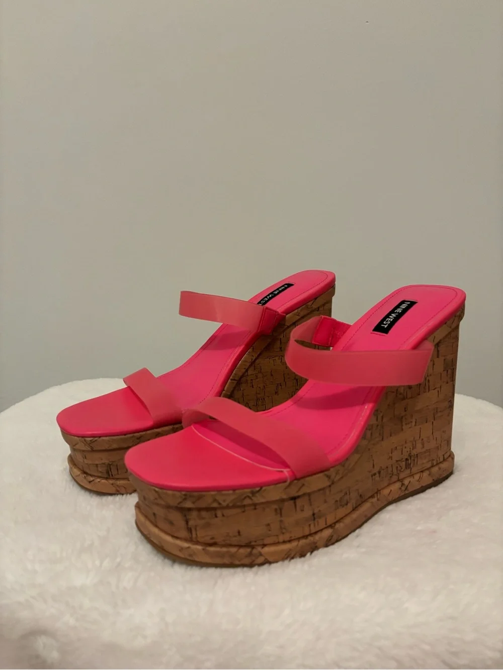 Nine West Neon Pink Cork Platform Wedge Sandals